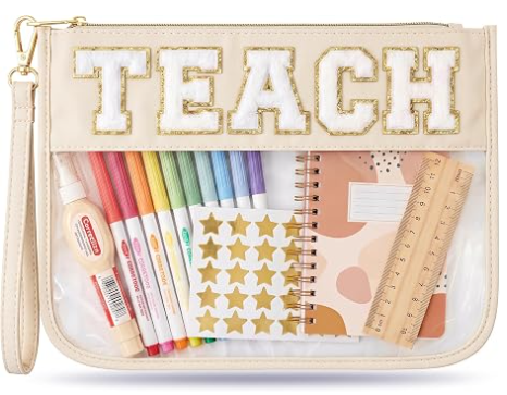 Bolsa de Maquillaje para Regalo de Agradecimiento a Maestros, Bolsa de Regalo de Graduación para Mujeres | Linda Bolsa Organizadora con Letras de Chenille TEACH. Perfectos Regalos de Fin de Año para Maestros, Neceser Transparente y Esenciales para Bolsas de Maestros