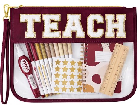 Bolsa de Maquillaje para Regalo de Agradecimiento a Maestros, Bolsa de Regalo de Graduación para Mujeres | Linda Bolsa Organizadora con Letras de Chenille TEACH. Perfectos Regalos de Fin de Año para Maestros, Neceser Transparente y Esenciales para Bolsas de Maestros