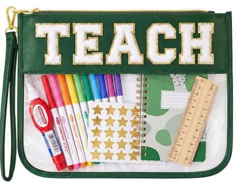 Bolsa de Maquillaje para Regalo de Agradecimiento a Maestros, Bolsa de Regalo de Graduación para Mujeres | Linda Bolsa Organizadora con Letras de Chenille TEACH. Perfectos Regalos de Fin de Año para Maestros, Neceser Transparente y Esenciales para Bolsas de Maestros