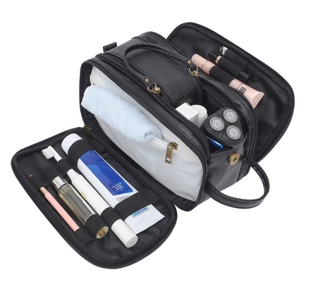 Viaje de cuero Mesh Bags de la prenda impermeable del bolso del lavado del artículo de tocador de la PU de los colores negros