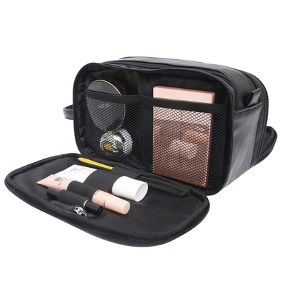 Viaje de cuero Mesh Bags de la prenda impermeable del bolso del lavado del artículo de tocador de la PU de los colores negros