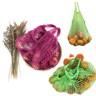 Algodón lavable reutilizable Mesh String Short Handle de los bolsos de ultramarinos de la legumbre de fruta
