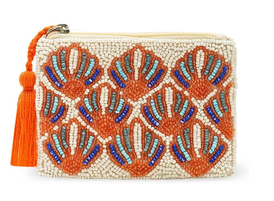 America & Beyond Seashell Pattern Bolso de Moneda con Perlas Bolso de Moneda con Perlas a Mano Bolso de Moneda con Zip Bolso de Moneda para Mujeres Bolso de Moneda Coastal Mini